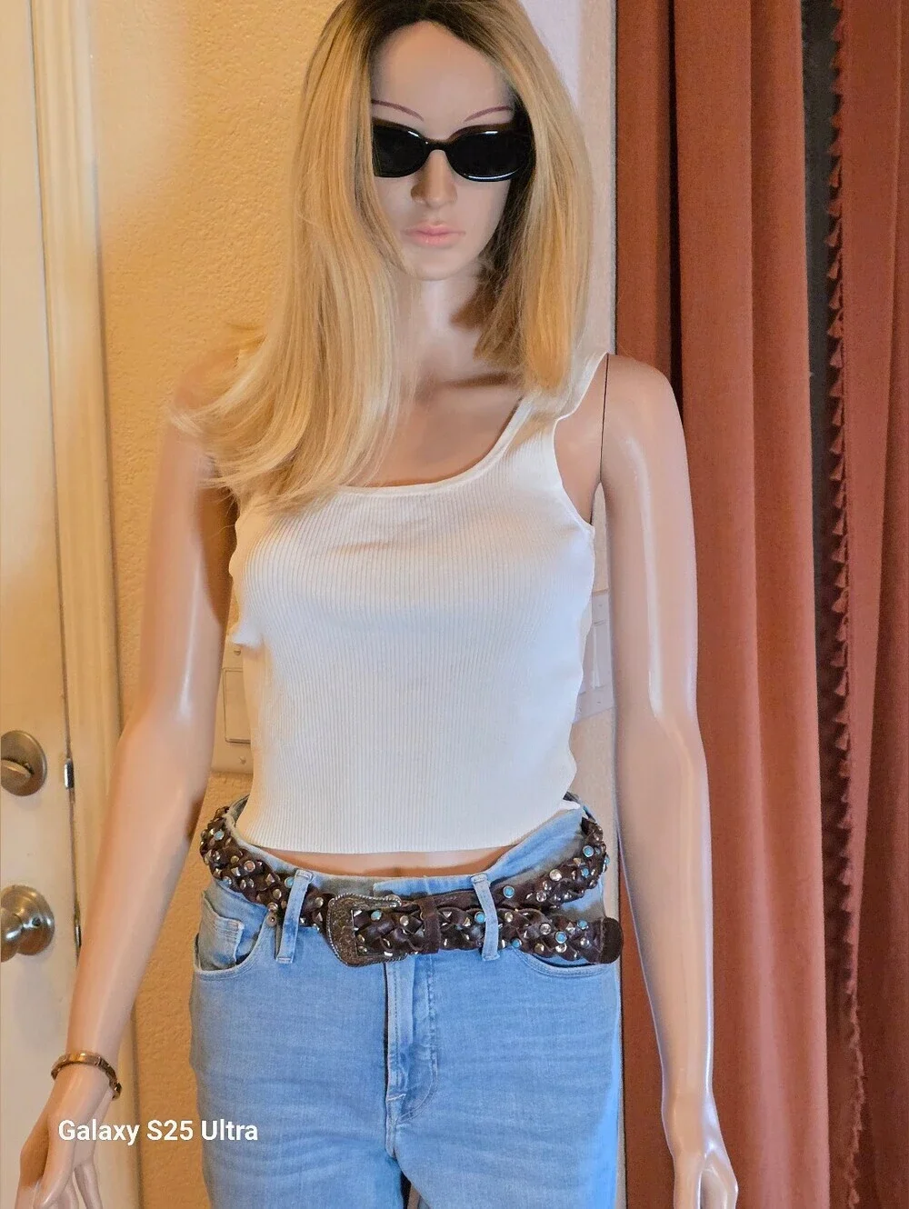 Western Festival Braided Brown Leather Belt  Studded Faux Turquoise Crystal LG